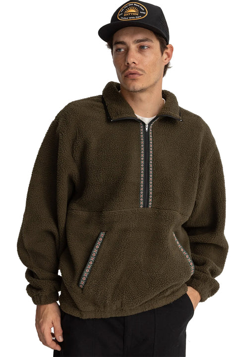 Rhythm Sherpa Pullover - Olive- Front view close up