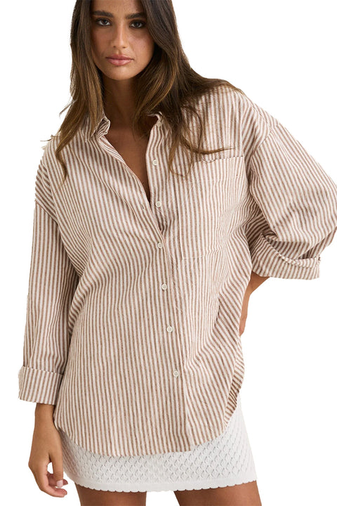 Rhythm Valley Stripe Oversized Shirt - Tan- Front #2