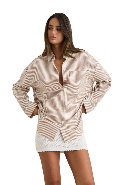 Rhythm Valley Stripe Oversized Shirt - Tan- Front