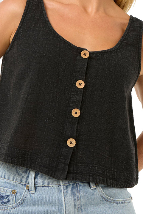 Rip Curl Classic Surf Tank II - Washed Black- close up on front buttons