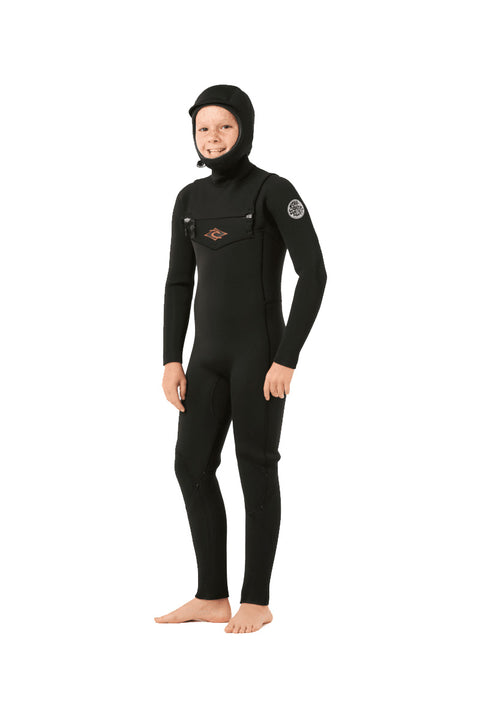 Rip Curl Kids Dawn Patrol 5/4 Hooded Wetsuit - Black- Front with hood on