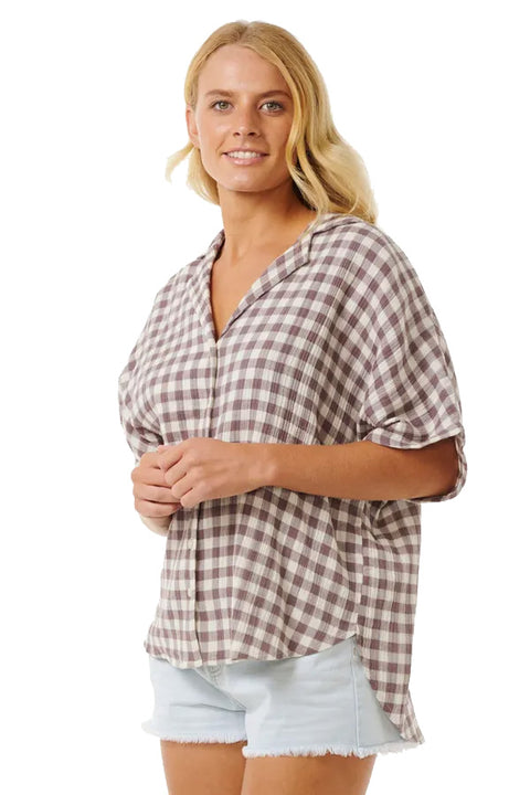 Rip Curl Premium Surf Check Shirt - Eggplant- Front close up