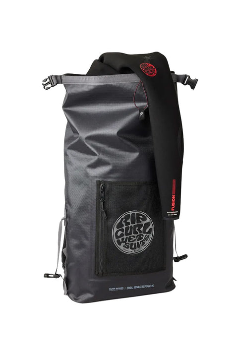 Rip Curl Surf Series 30L Backpack - Black / Grey- Front with top unrolled and wetsuit hanging out