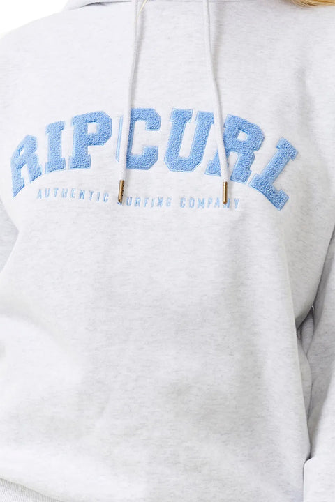 Rip Curl Varsity Hoodie- Grey Marle/Mid Blue- Close up on logo