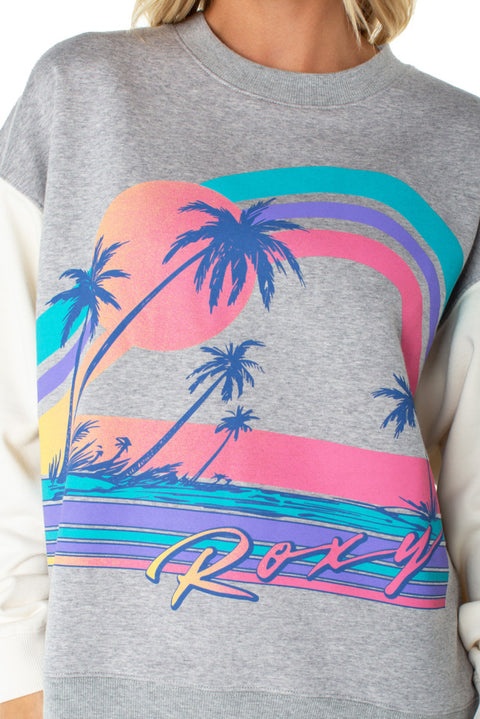 Roxy Lineup Contrast Crew - Heather Gray Heatwave- Close up of graphic