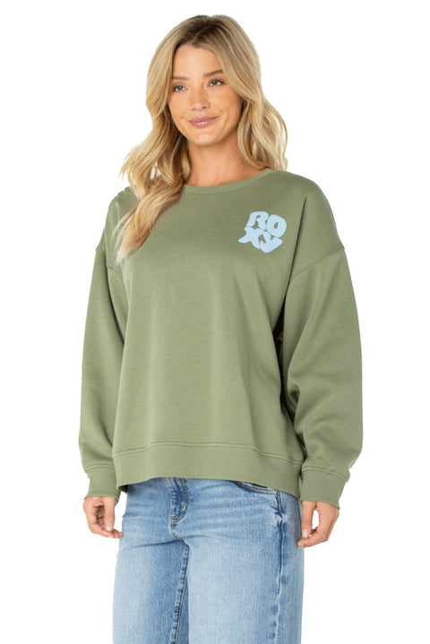 Roxy Morning Stroll Fleece Top - Oil Green Wave Riders Club- Front