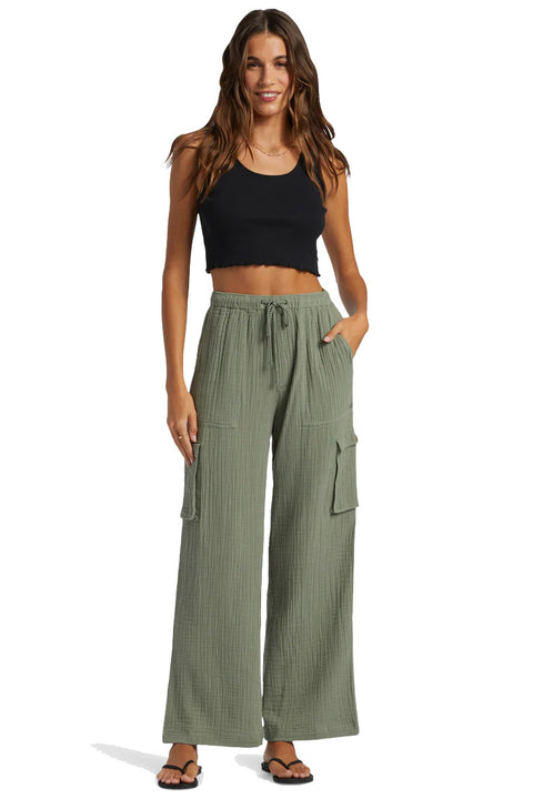 Roxy Precious Cargo Solid High-Waist Pants - Agave Green - Full