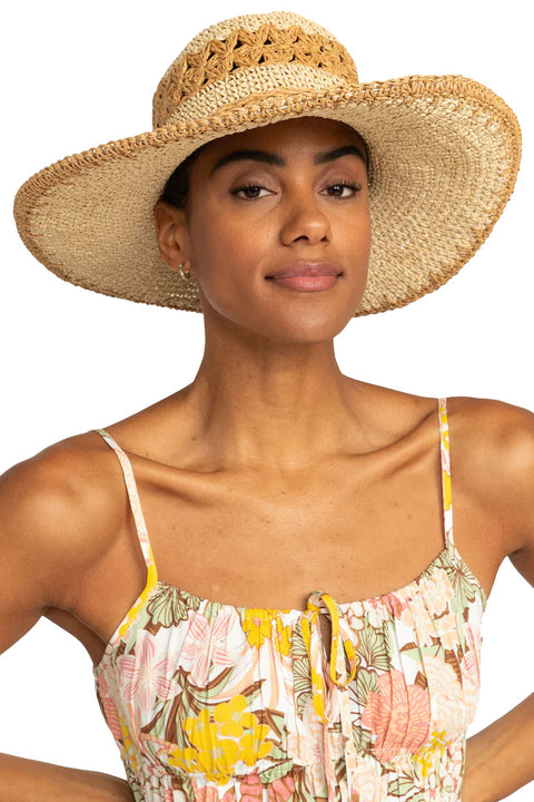 Roxy Pretty As A Flower Sun Hat- Natural- Front on model