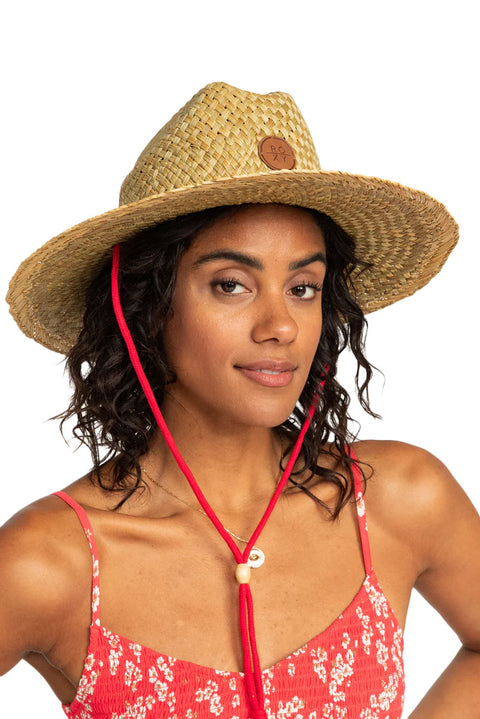 Roxy Sunshine On My Mind Straw Hat - Hibiscus- Front on model