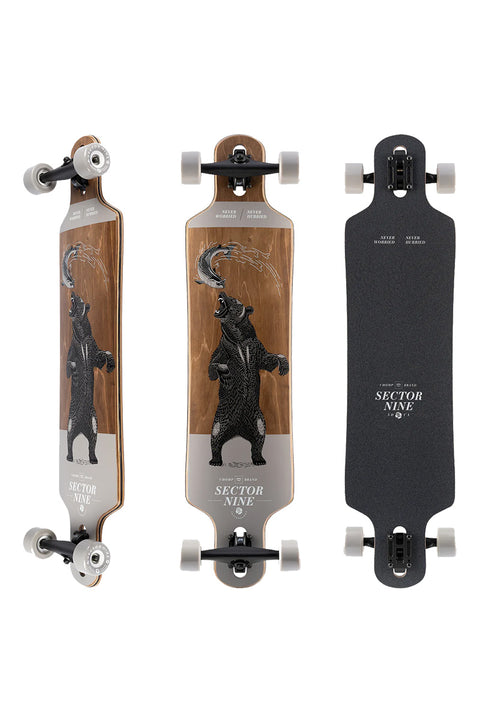 Sector 9 Meridian Grizzley Complete Skateboard- Three views of top, bottom and side