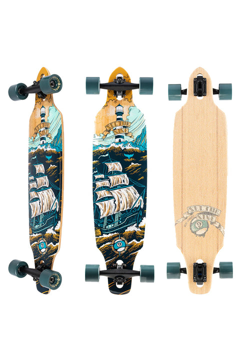 Sector 9 Mini Lookout Voyage Complete Skateboard- Three views of top, bottom and side