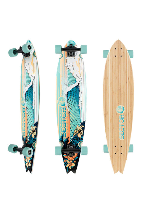Sector 9 Offshore Reeler Complete Skateboard- Three views of top, bottom and side