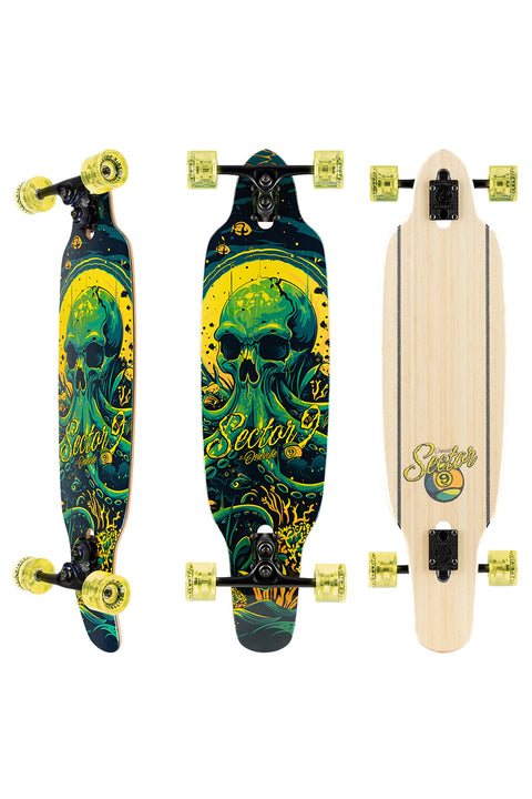 Sector 9 Striker Depths Complete Skateboard- Three views of top, bottom and side
