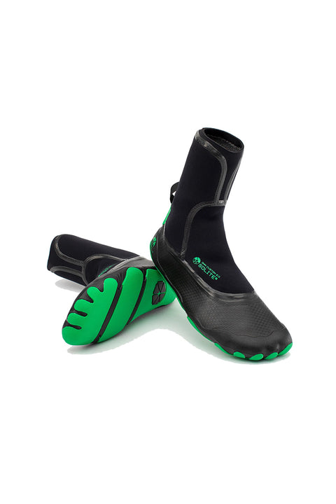Solite Custom Pro 2.0 3mm Split Toe Boot - Green / Black- Both boots one on its side and one standing upright