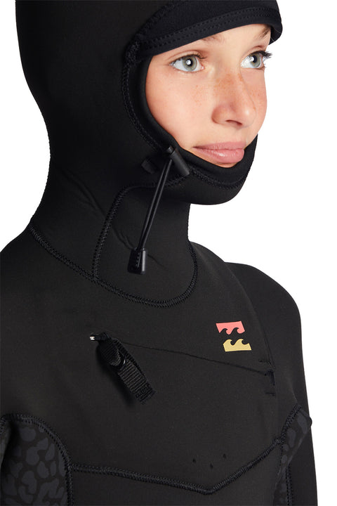 Billabong Girl's 5/4 Synergy CZ Hooded Wetsuit - Wild Black - Hood Closeup