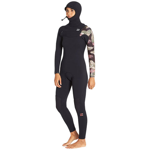 Billabong Women's Furnace Carbon Chest Zip 5/4 Hooded Wetsuit - Black Palms