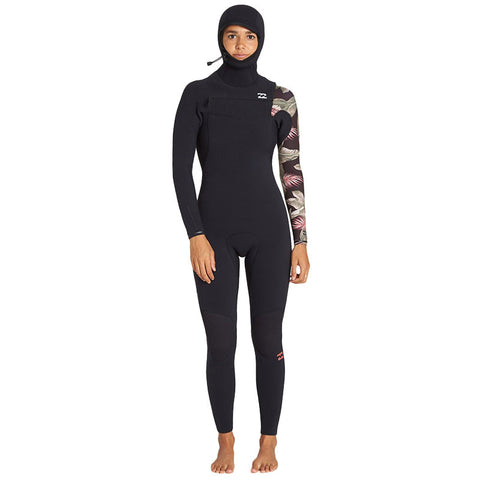 Billabong Women's Furnace Carbon Chest Zip 5/4 Hooded Wetsuit - Black Palms