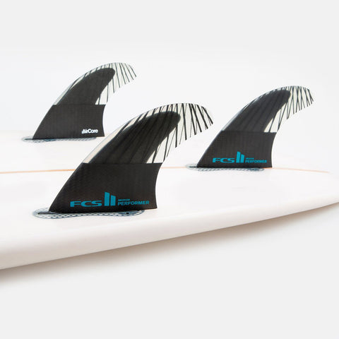 FCS II Performer PC Carbon Medium Tri Fin Set - Black / Teal