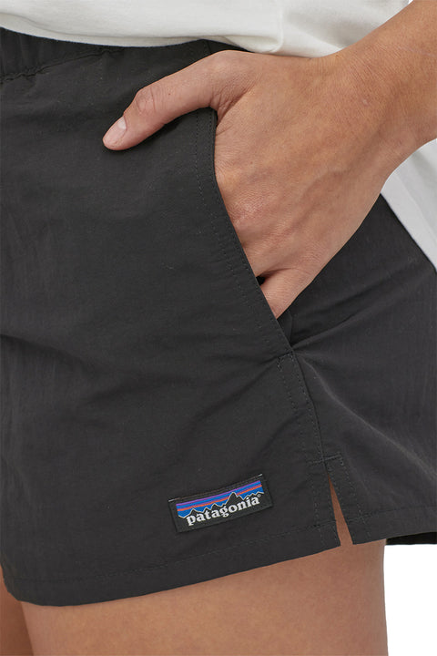 Patagonia Women's Barely Baggies Shorts 2 1/2" - Black - Closeup of front left pocket with hand in.
