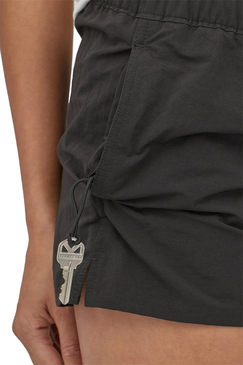 Patagonia Women's Barely Baggies Shorts 2 1/2" - Black - Closeup of key loop with key on it on left pocket.