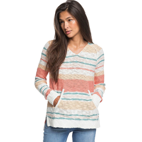 Roxy Airport Vibes Hooded Poncho Sweater - Snow White True Stripe