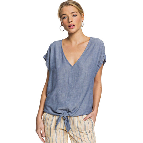 Roxy Born To Try Short Sleeve Tie-Front Crepe Top - Mood Indigo