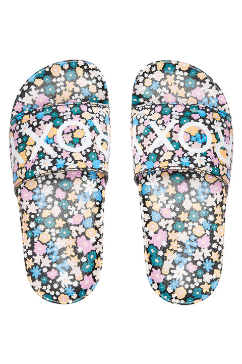 Roxy Girl's Slippy Printed Sandal - Black Floral - Top