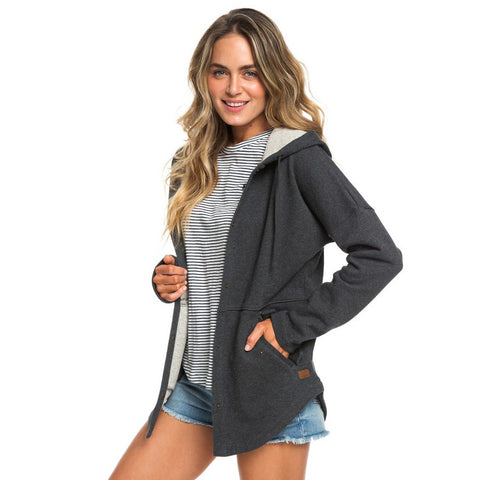Roxy Lullaby Lights Longline Snap Front Hoodie - Charcoal Heather