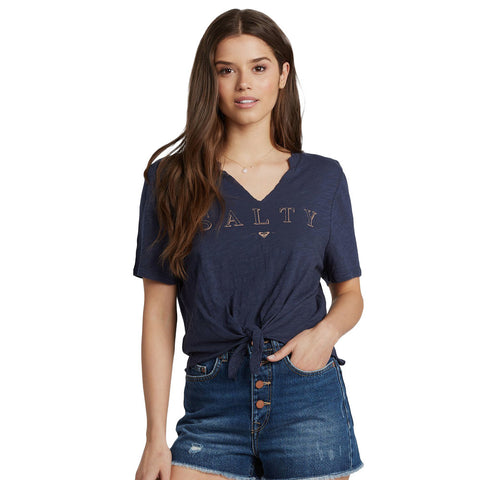 Roxy Salty Notched Tie-Front Tee - Mood Indigo
