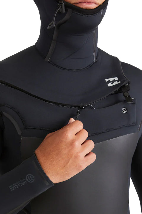 Billabong 5/4mm Absolute Natural+ Upcycler Chest Zip Hooded Wetsuit - Black- Close up on zipper being zipped