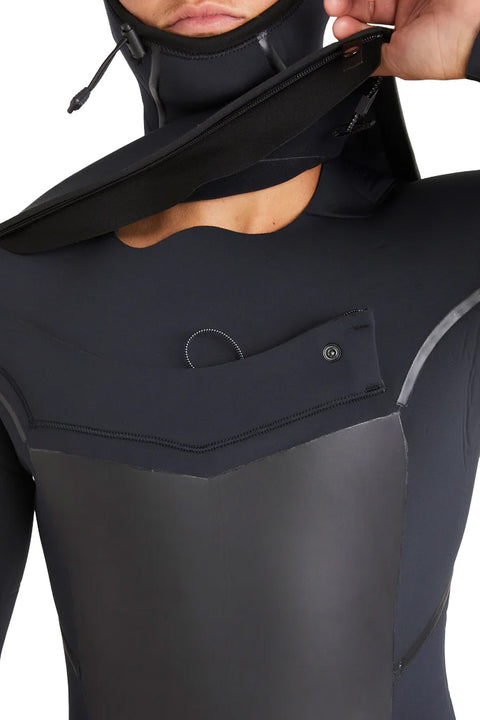 Billabong 5/4mm Absolute Natural+ Upcycler Chest Zip Hooded Wetsuit - Black- Close up of zipper open