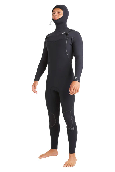 Billabong 5/4mm Furnace Natural Upcycler Chest Zip Hooded Wetsuit - Black- Front with hood on