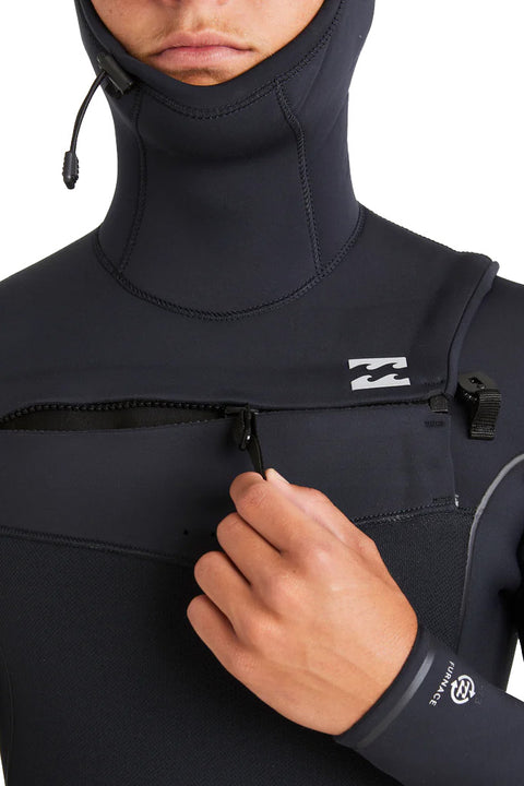 Billabong 5/4mm Furnace Natural Upcycler Chest Zip Hooded Wetsuit - Black- Close up of zipper being zipped