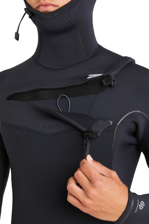 Billabong 5/4mm Furnace Natural Upcycler Chest Zip Hooded Wetsuit - Black- Close up of zipper open