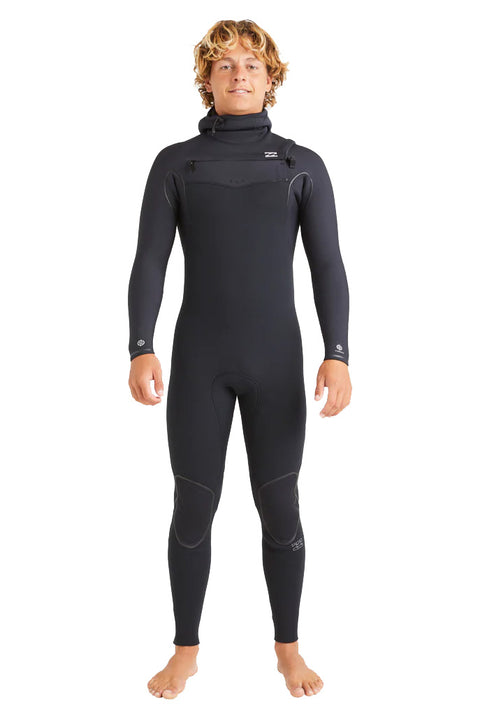 Billabong 5/4mm Furnace Natural Upcycler Chest Zip Hooded Wetsuit - Black- Front with hood off