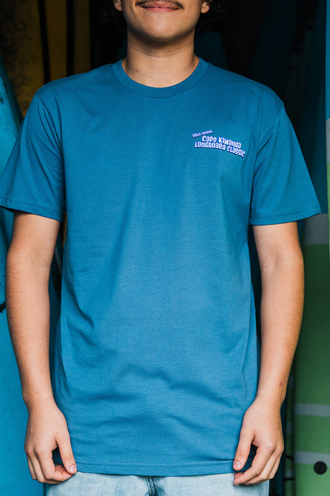 Cape Kiwanda Longboard Classic 2025 Tee - Cobalt - Front Logo Closeup