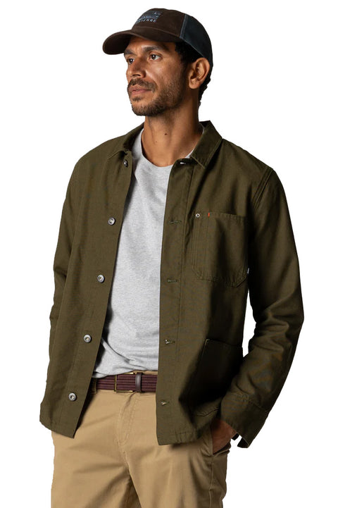 Finisterre Basset Flannel Lined Jacket - Olive- Close up on front