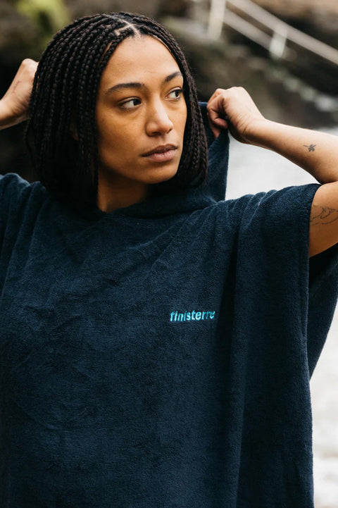 Finisterre Clearwater Robe - Navy- Close up on logo