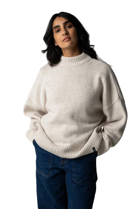 Finisterre Eyre Crew Neck Sweater - Oatmeal - On Model White Background 2