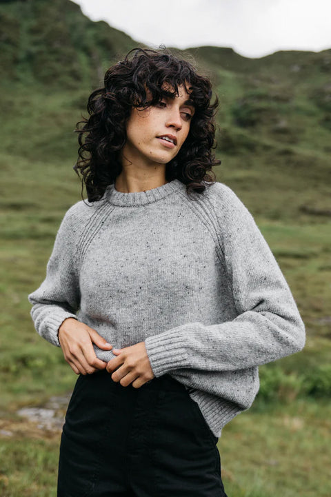 Finisterre Women's Farne Crew Neck Knit Jumper - Grey Marl- Front on model