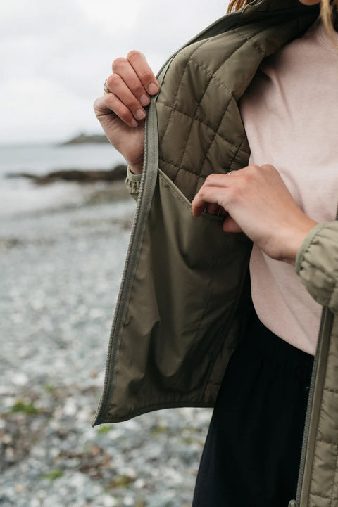 Finisterre Women's Firecrest Jacket - Willow Green- Close up on inside