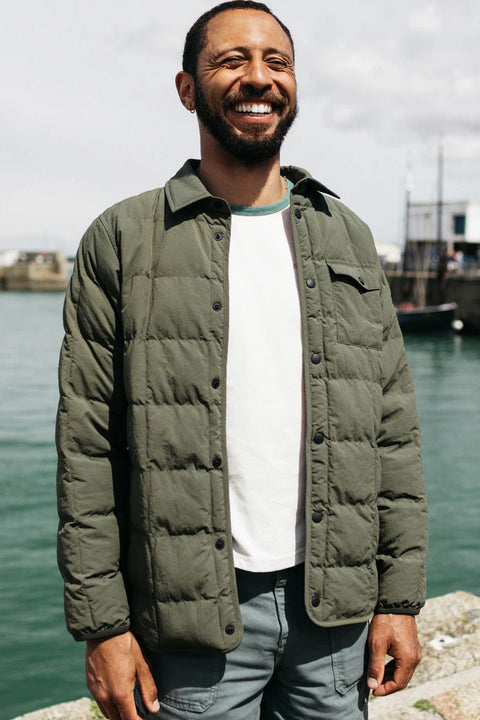 Finisterre Lapwing Shirt - Olive- Front on model