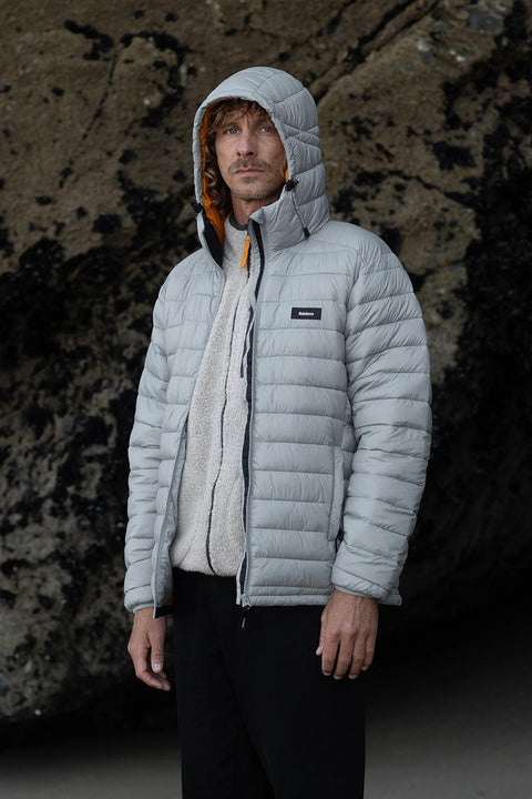 Finisterre Men's Nimbus Hooded Jacket - Whale- Front on model