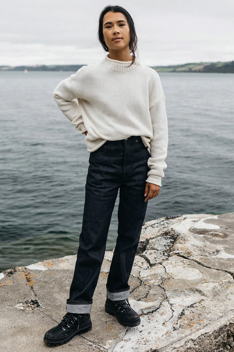 Finisterre Taran Jumper - Ecru- front on model