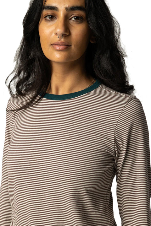Finisterre Women's Eldon Stripe L/S Tee - Burnt Heather / Ecru / Dark Ocean- Close up on neckline