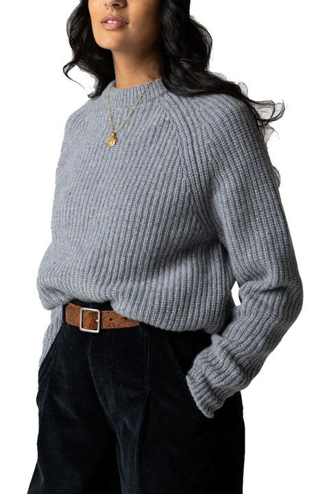 Finisterre Women's Mora Knit Sweater - Grey Blue - No Background Front Up Close