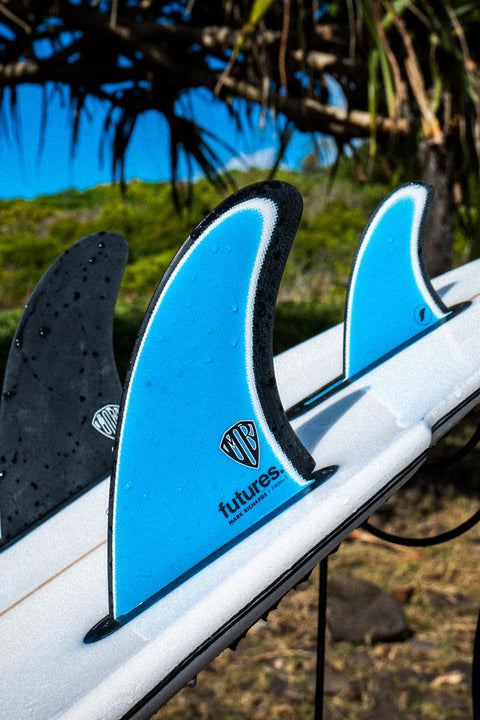 Futures Fins MR FG Twin + 1 Fin - Blue / White / Black - On a surfboard