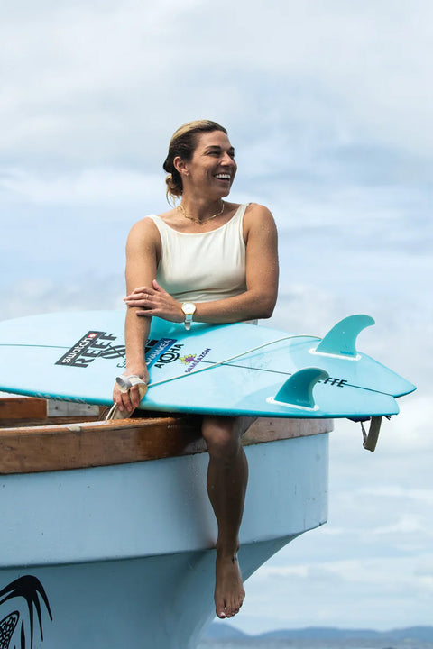 Futures Fins XO Coco Twin + 1 Fin - Blue - On Coco Ho's surfboard.