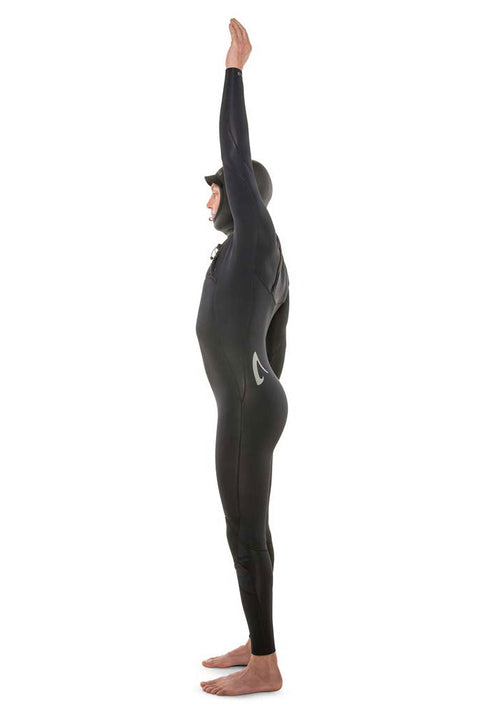 Isurus Shield 3.3 Hooded Zipfree Wetsuit - Left side with arm up.