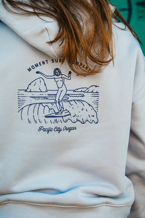 A closeup of the back of the Moment Lady Glider Hoodie - Powder Blue.